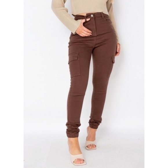 Brown High Waist Skinny Cargo Utility Denim Jeans Joggers Jogger Pants - Picture 3 of 10